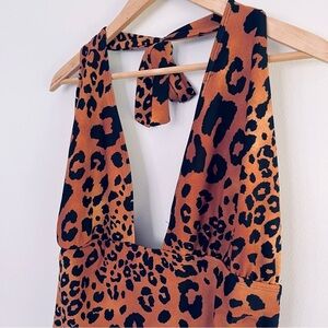 [Forever21] Deep V Halter Tie Ruched Skirt Leopard Fully Lined Swim One Piece